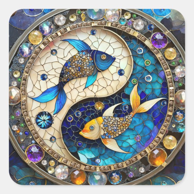 Pegatina Cuadrada Zodiac - Pisces Fish Yin y Yang (Anverso)