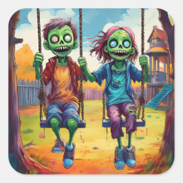 Pegatina Cuadrada Zombie Kids on Swings in Autumn Playground