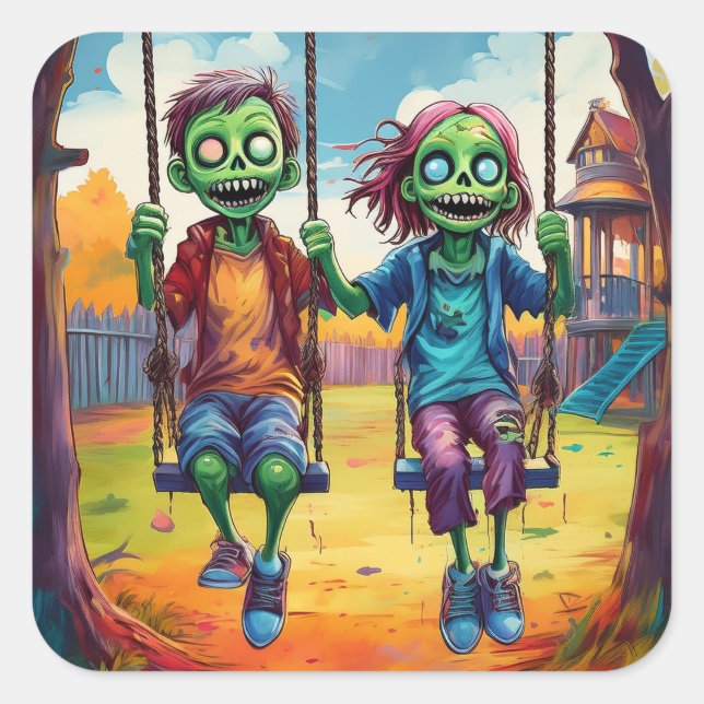 Pegatina Cuadrada Zombie Kids on Swings in Autumn Playground (Anverso)