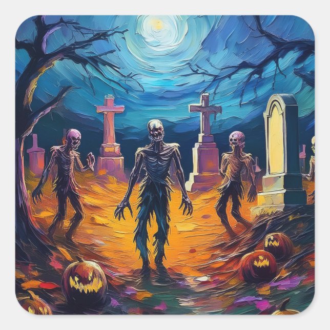Pegatina Cuadrada Zombies Rising in Moonlit Graveyard with Pumpkins (Anverso)