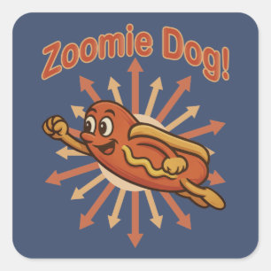 Pegatina Cuadrada Zoomie Dog Flying Hot Dog Personalizado - Fun Retr