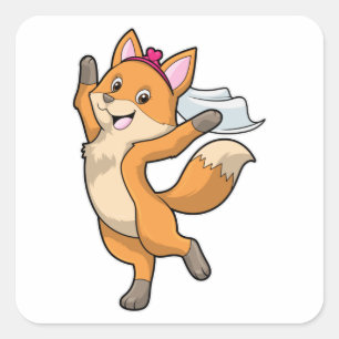 Pegatina Cuadrada Zorra como novia con velo y corazón