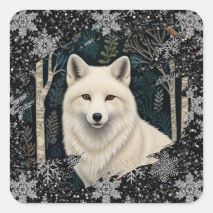Pegatina Cuadrada Zorro blanco de Navidad lobo blanco copo de nieve