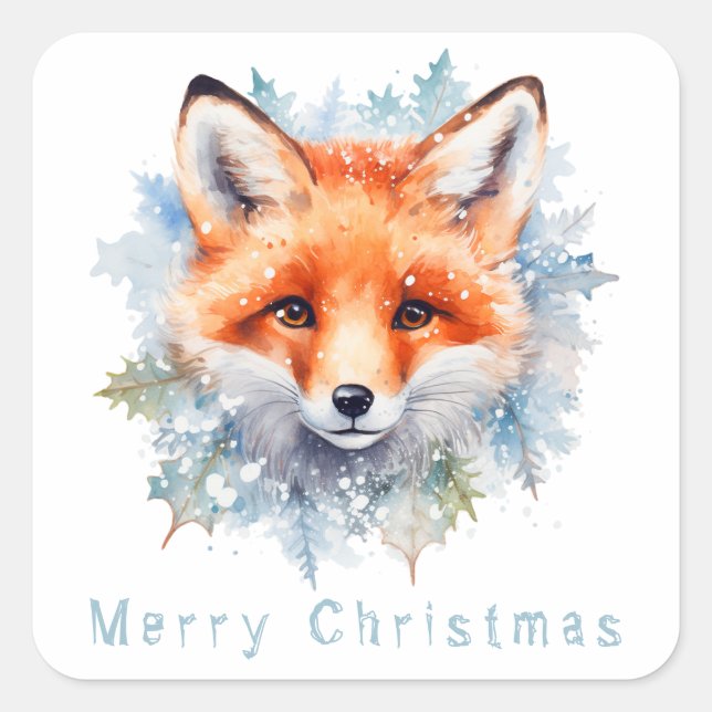 Pegatina Cuadrada Zorro de nieve y Navidades (Anverso)