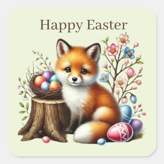 Pegatina Cuadrada Zorro de Pascua Feliz (Anverso)