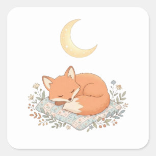 Pegatina Cuadrada Zorro Dormido en Colcha bajo Luna Creciente AI 