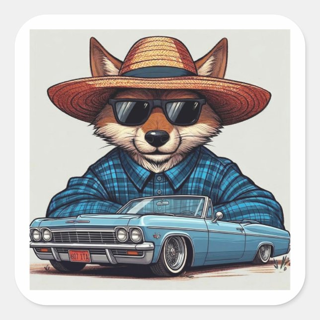 Pegatina Cuadrada Zorro Lowrider (Anverso)