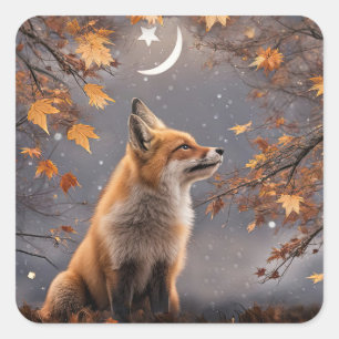 Pegatina Cuadrada Zorro Rojo de Otoño y Luna Bonito y Hermoso