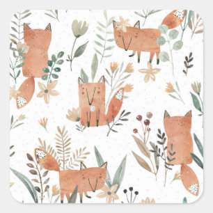Pegatina Cuadrada zorros en praderas: sin foco acuarela