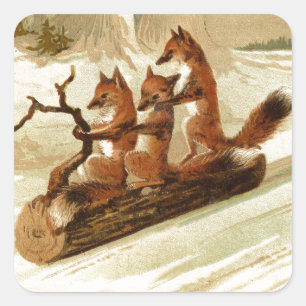 Pegatina Cuadrada Zorros Sledding
