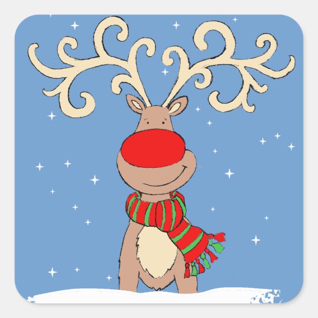 pegatina cuadrado azul de reno de nariz roja para  (Anverso)