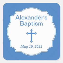 Pegatina cuadrado de bautismo en cruz blanca y azu