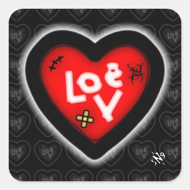 Pegatina cuadrado de corazón magullado v1.1 (Anverso)