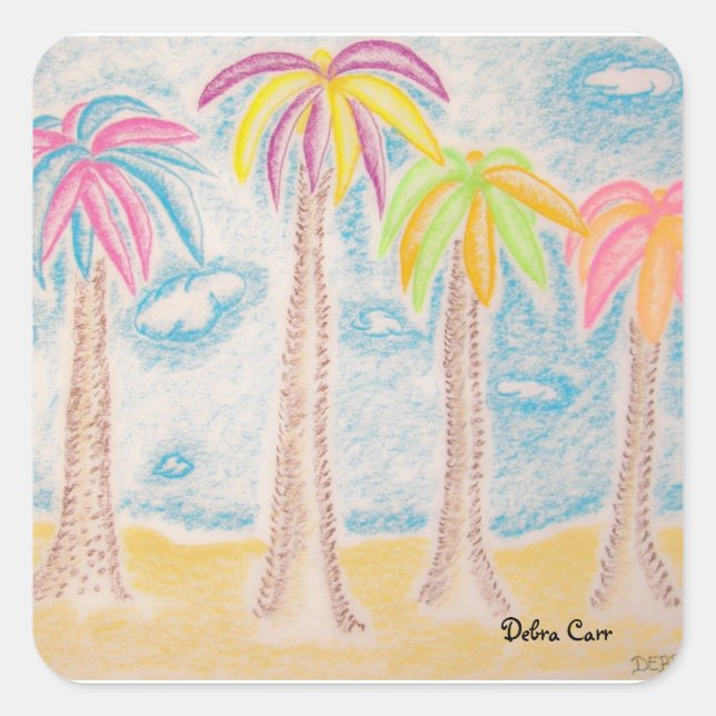 Pegatina cuadrado de palmeras coloridas (Anverso)