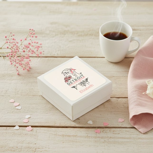 Pegatina cuadrado Personalizado de flores rosadas  (Detroit Pink Flowers Custom Square Sticker)