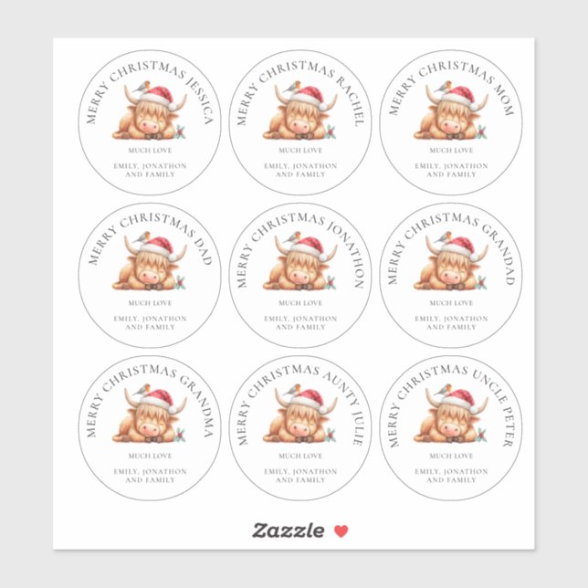 Pegatina Cuadros Highland Cow Nombres individuales Feliz Na (Hoja)