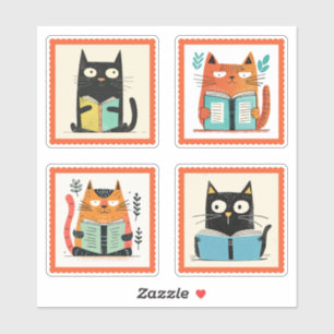 Pegatina Cuadros Nerdy Cats Leyendo Libros Whimsical Stamp