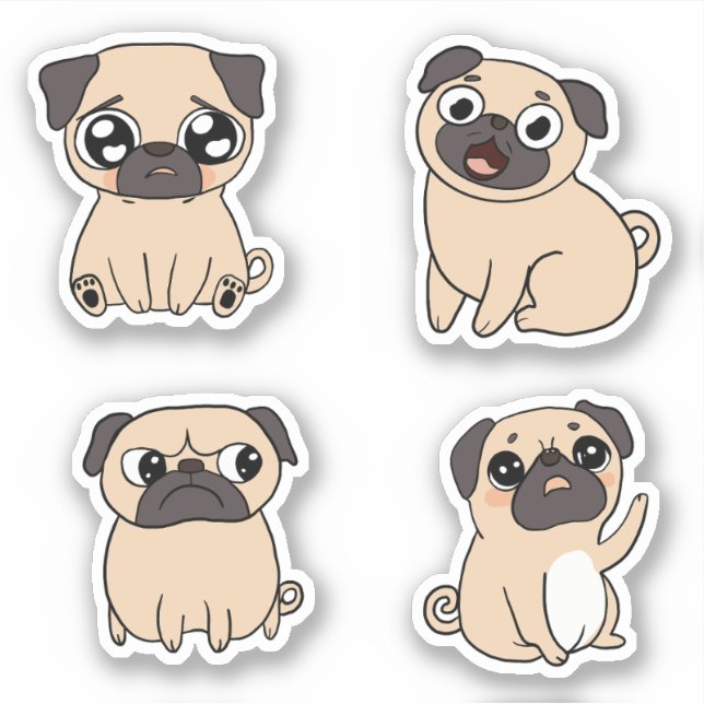 Pegatina Cuatro expresiones de perro de pug cúrcute (Anverso)