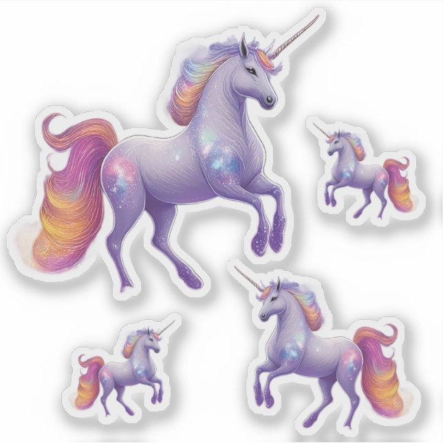 Pegatina Cuatro Purpurinas de arcoiris de unicornio espumos (Anverso)