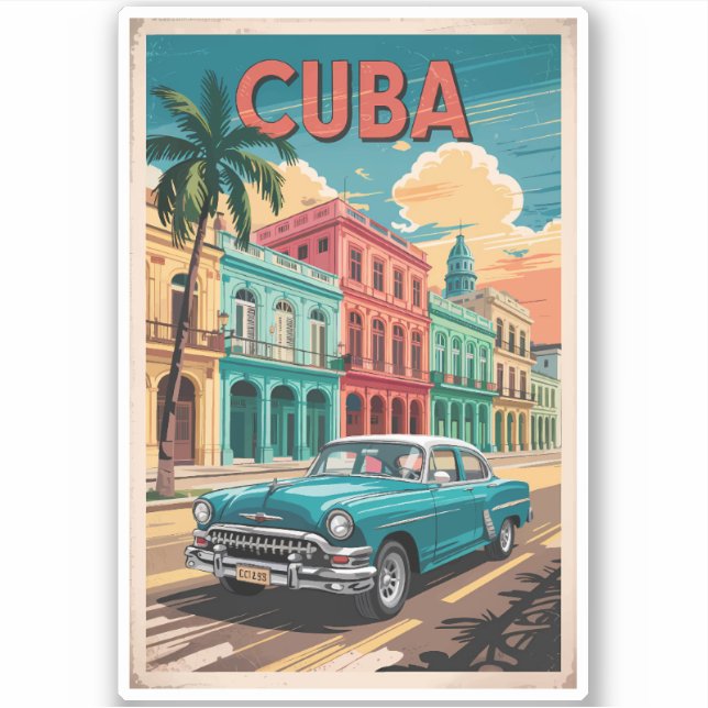 Pegatina Cuba Classic Car Illustration Travel Art Vintage (Anverso)