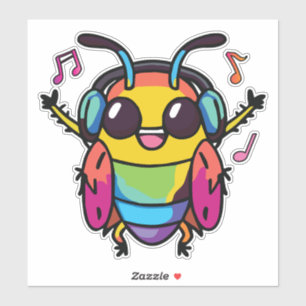 Pegatina Cucaracha feliz con auriculares escuchando música