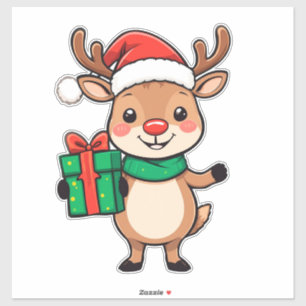 Pegatina Cuerno de Navidad lindo sosteniendo un regalo