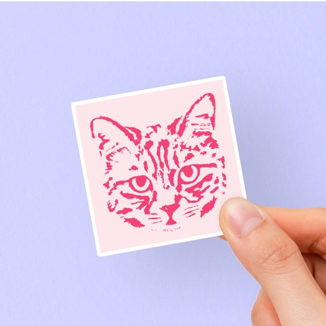 Pegatina Cuidada tabby Cat Pink and Red Square (Subido por el creador)