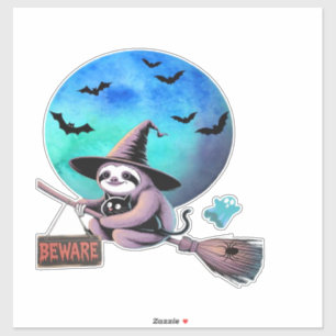 Pegatina Cuidado Bruja Sloth Lindo Vuela en Escoba Hallowee