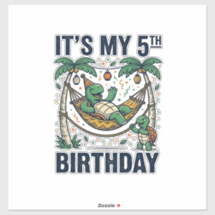 Pegatina Cumpleaños 5 Tortuga Hamaca Grabado Vintage Diseño
