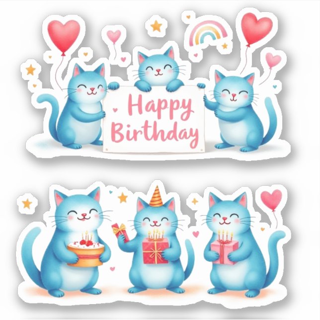Pegatina Cumpleaños feliz - Gatos azules - Regalos de globo (Anverso)