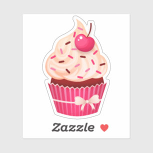 Pegatina Cupcake Rosa Femenino Con Purpurina y Cereza