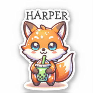 Pegatina Curte Kawaii Fox con té de burbuja personalizado