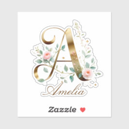 Pegatina Custom Gold Floral Letter A Vinyl Heart Sticker