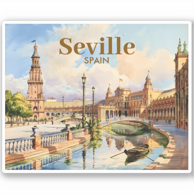 Pegatina Custom Seville Spain Plaza de Espana Watercolor (Anverso)
