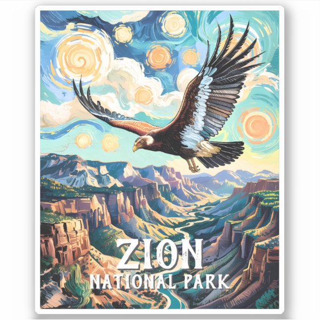 Pegatina Custom Text Vibrant Zion Canyon Bird Condor Retro (Anverso)