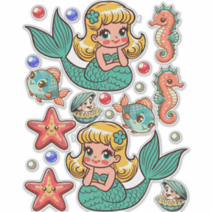 Pegatina Cute 1950 Mermaids muñecas de papel marino arte de