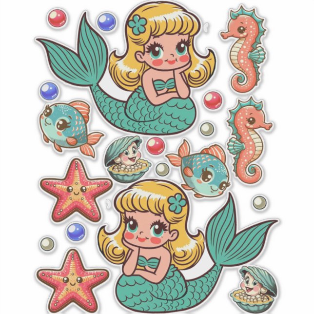 Pegatina Cute 1950 Mermaids muñecas de papel marino arte de (Anverso)