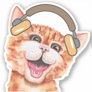 Pegatina Cute acuarela Cat Escuchar música