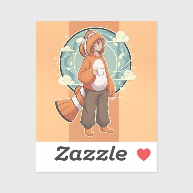 Pegatina Cute Anime Boy in Clownfish Costume drinking Coffe (Hoja)