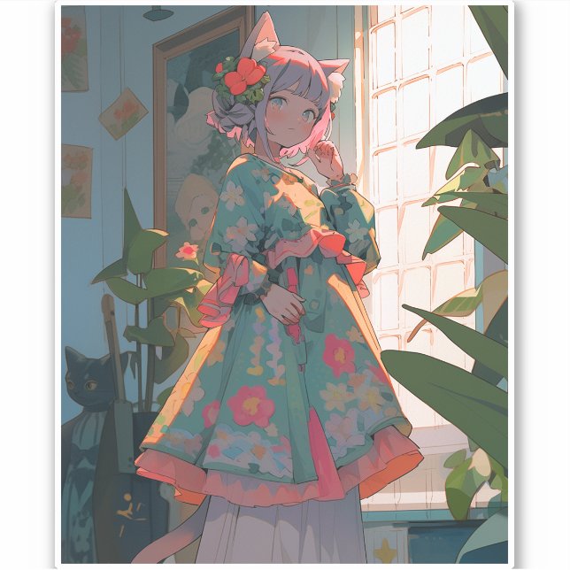 Pegatina Cute Anime Catgirl (Anverso)