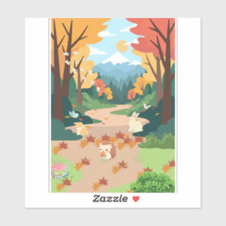 Pegatina Cute Autumn Forest Animals Cozy Landscape Art Post