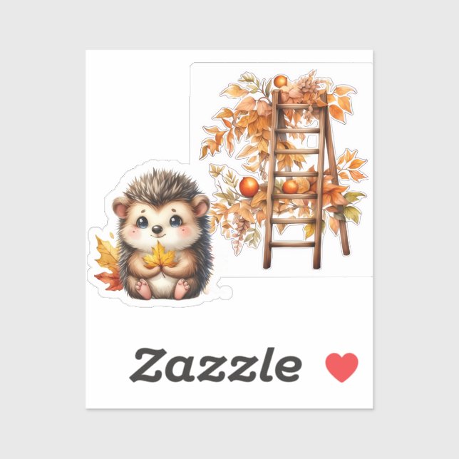 Pegatina Cute Autumn Hedgehog with Harvest Ladder Illustrat (Hoja)