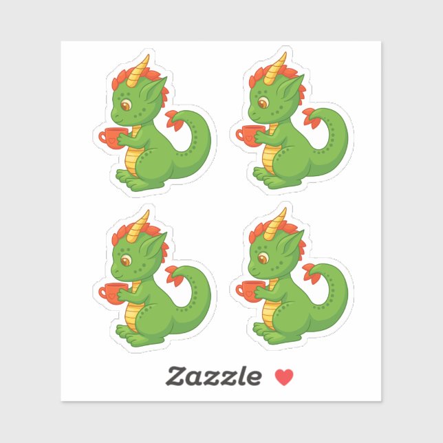 Pegatina Cute Baby Dragon Holding Cup Set of 4 Sticker (Hoja)