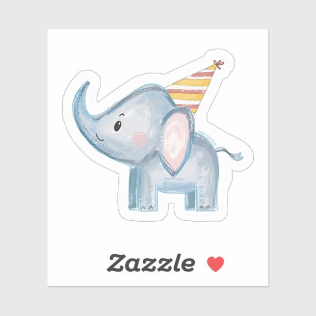 Pegatina Cute Baby Elephant with Party Hat Birthday Sticker (Hoja)