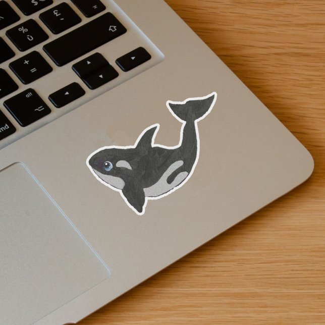 Pegatina Cute Ballena Asesina Negra Blanca Ojos Azules (Cute cartoon style black white killer whale with blue eyes on vinyl sticker.)
