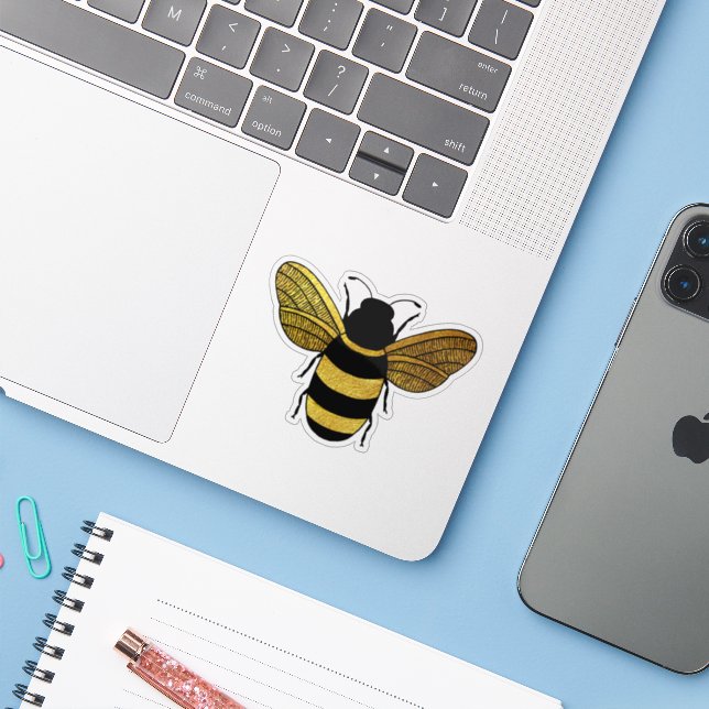 PEGATINA CUTE BEE SHINY YELLOW GOLD BLACK BUMBLEBEE CONTOUR (Ordenado portátil con iPhone)