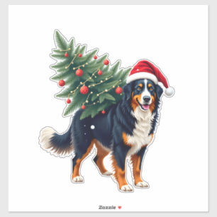 Pegatina Cute Bernese Mountain Dog en un árbol de Navidad p