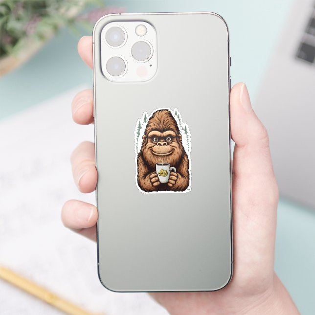 Pegatina Cute Bigfoot Drinking Coffee  Funny Sasquatch  (Teléfono)