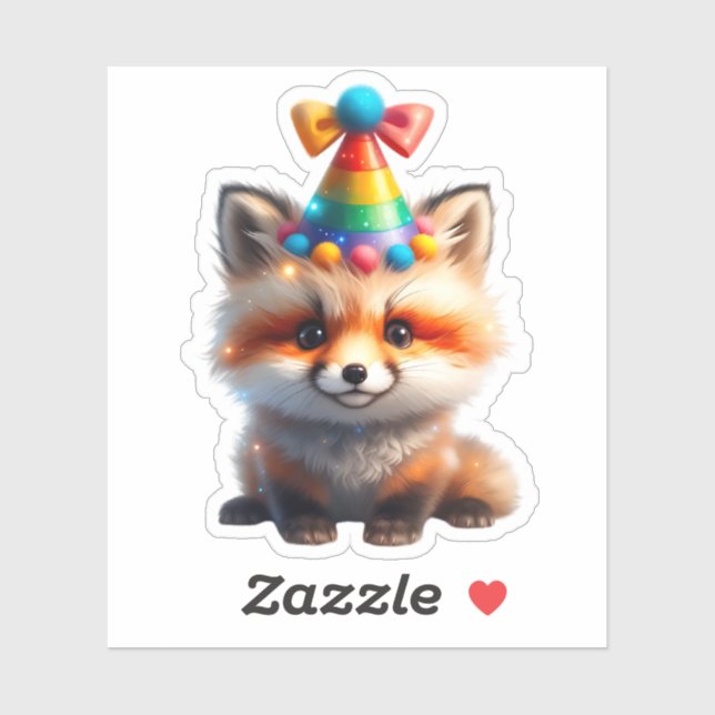 Pegatina Cute Birthday Fox with Rainbow Party Hat Sticker (Hoja)