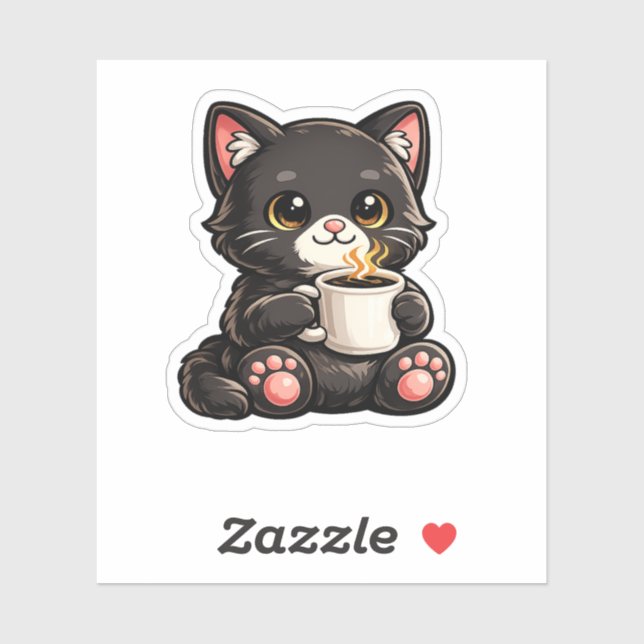 Pegatina Cute Black Cat with Coffee (Hoja)